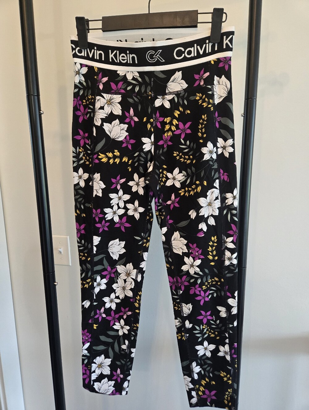 Calvin Klein Performance Floral High Rise Leggings Black Multicolor Purple Small